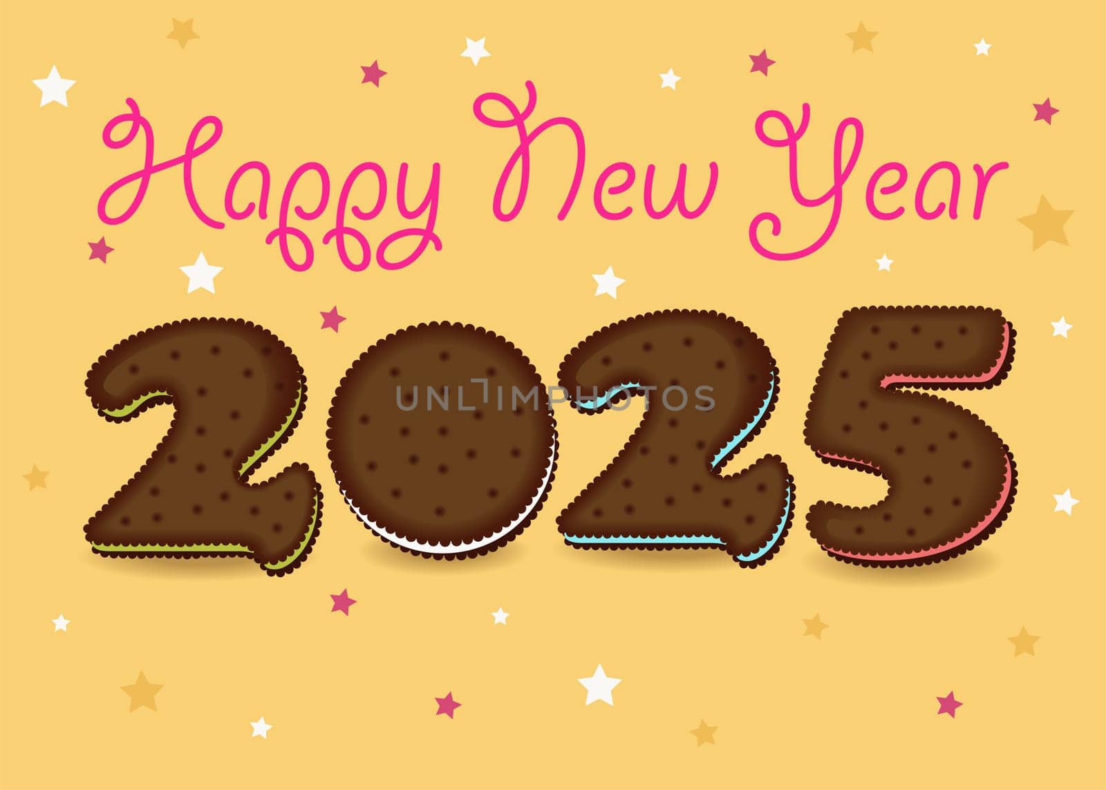 Happy New Year 2025. A festive illustration of a brown number 2025 made of chocolate cookies with colorful cream on a yellow background with confetti. The pink cream greeting text Happy New Year. Perfect for New Year's greetings