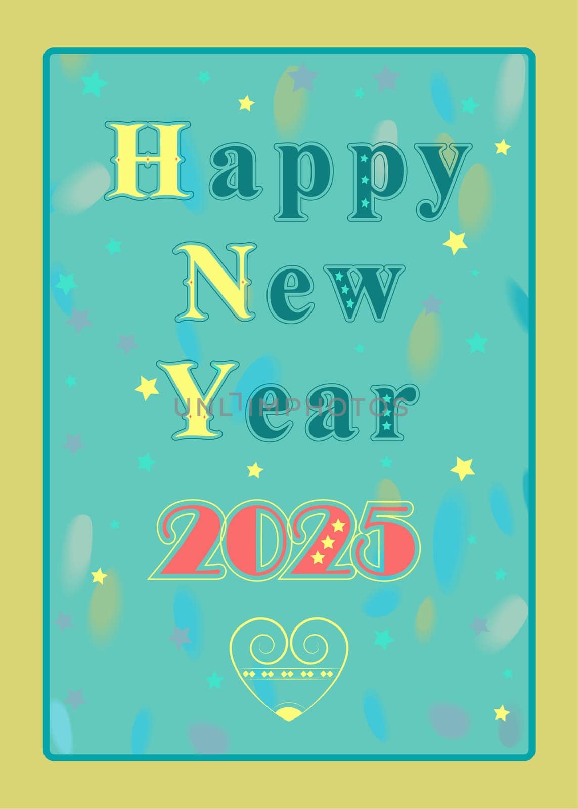A festive illustration of the words Happy New Year 2025 in a colorful font with stars decor. The letters are green and yellow, and the numerals are red. The background is a blue watercolor wash with a big yellow heart.
