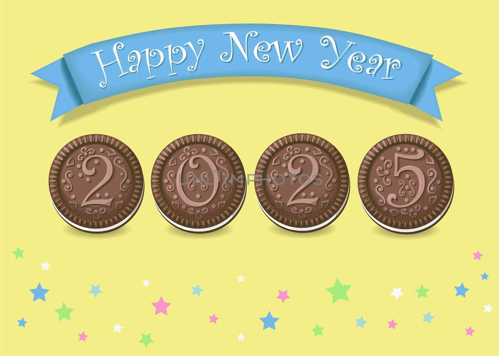 Chocolate Cookie Happy New Year 2025. The number 2025 is as a artistic chocolate cookies with cream. The background is yellow with stars. The banner is blue with white text. The card is perfect for sending greetings to friends and family.