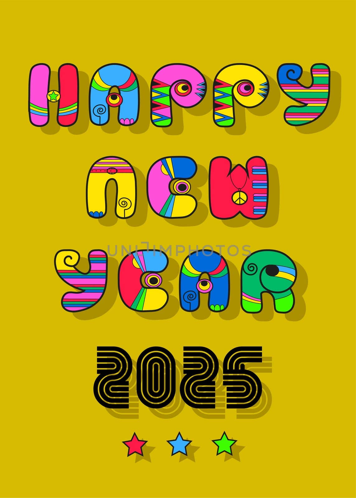Disco New Year 2025. A festive illustration of a disco-style cartoon inscription Happy New Year with colorful decor. The number 2025 is black in a retro style. The background is yellow-green. Perfect for New Year's greetings, cards, and other designs