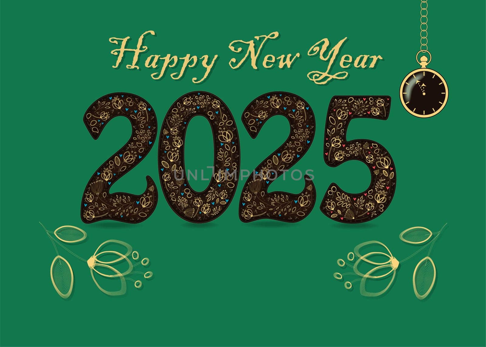 Happy New Year 2025 with golden floral decor. Graceful flowers and hearts, yellow text. Two big flowers frame the number, and there is a place for custom text. A pocket golden watch shows five to 12