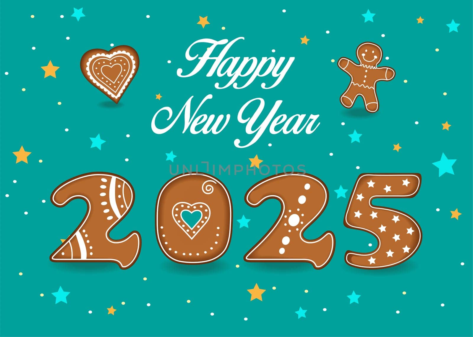 Happy New Year 2025 Ginger Cookies. A festive number 2025, made of a brown Christmas ginger cookies with white cream decor on a green background with confetti of stars. The illustration also features a heart and ginger man cookies.