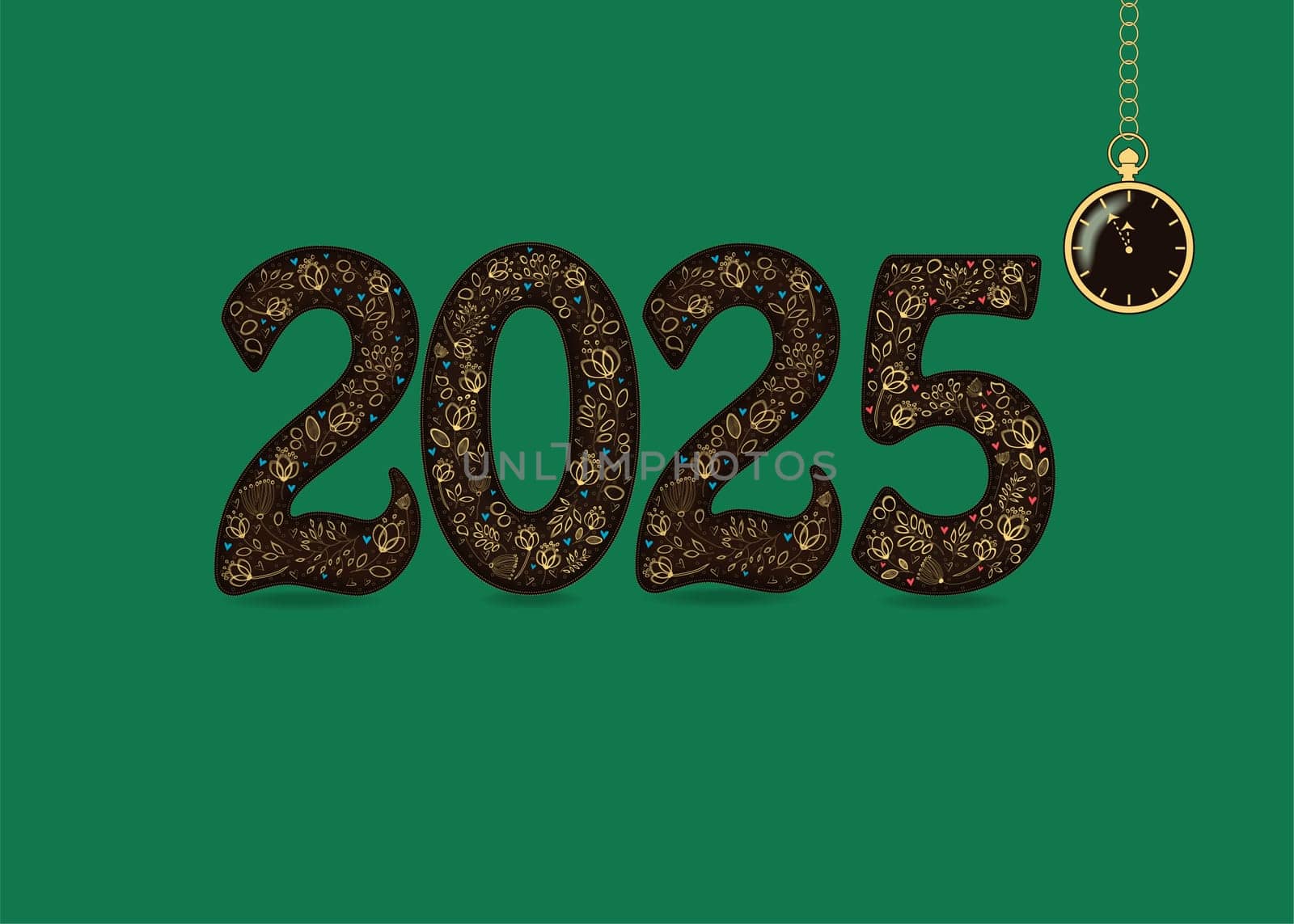 The number 2025 with golden floral decor. Graceful flowers and hearts, and there is a place for custom text. A pocket golden watch shows five to twelve o'clock. The background is green.