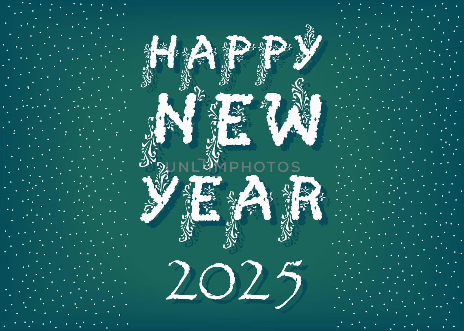 A festive illustration of the words Happy New Year 2025 in a white font with frost floral decor. The background is a dark green, and there is a white snowfall frame. This illustration is perfect for New Year's greetings, cards, and other designs.