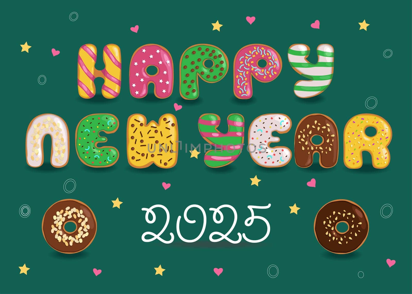 Sweets Happy New Year 2025. A festive illustration of colorful letters made of donuts with cream and nuts decor on a dark green background with confetti of colorful hearts and stars. The number 2025 is white, made of cream.