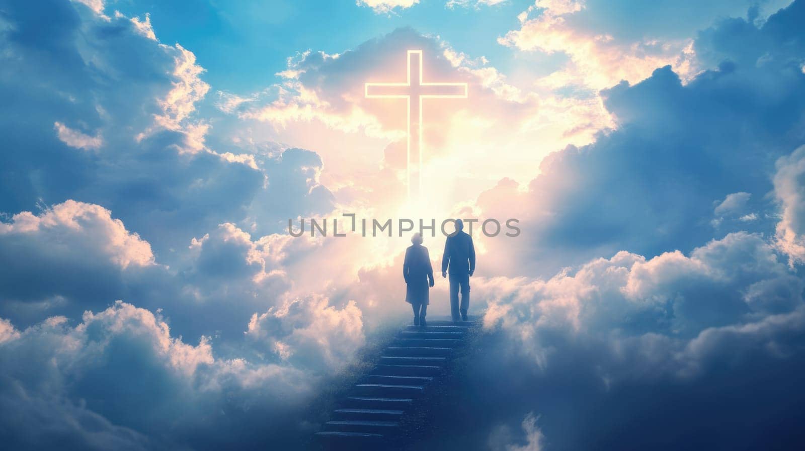 Old couple walking up the stairs among clouds in the sky to the shining cross symbolizing heaven or Christian paradise. Life end and time passing concept.