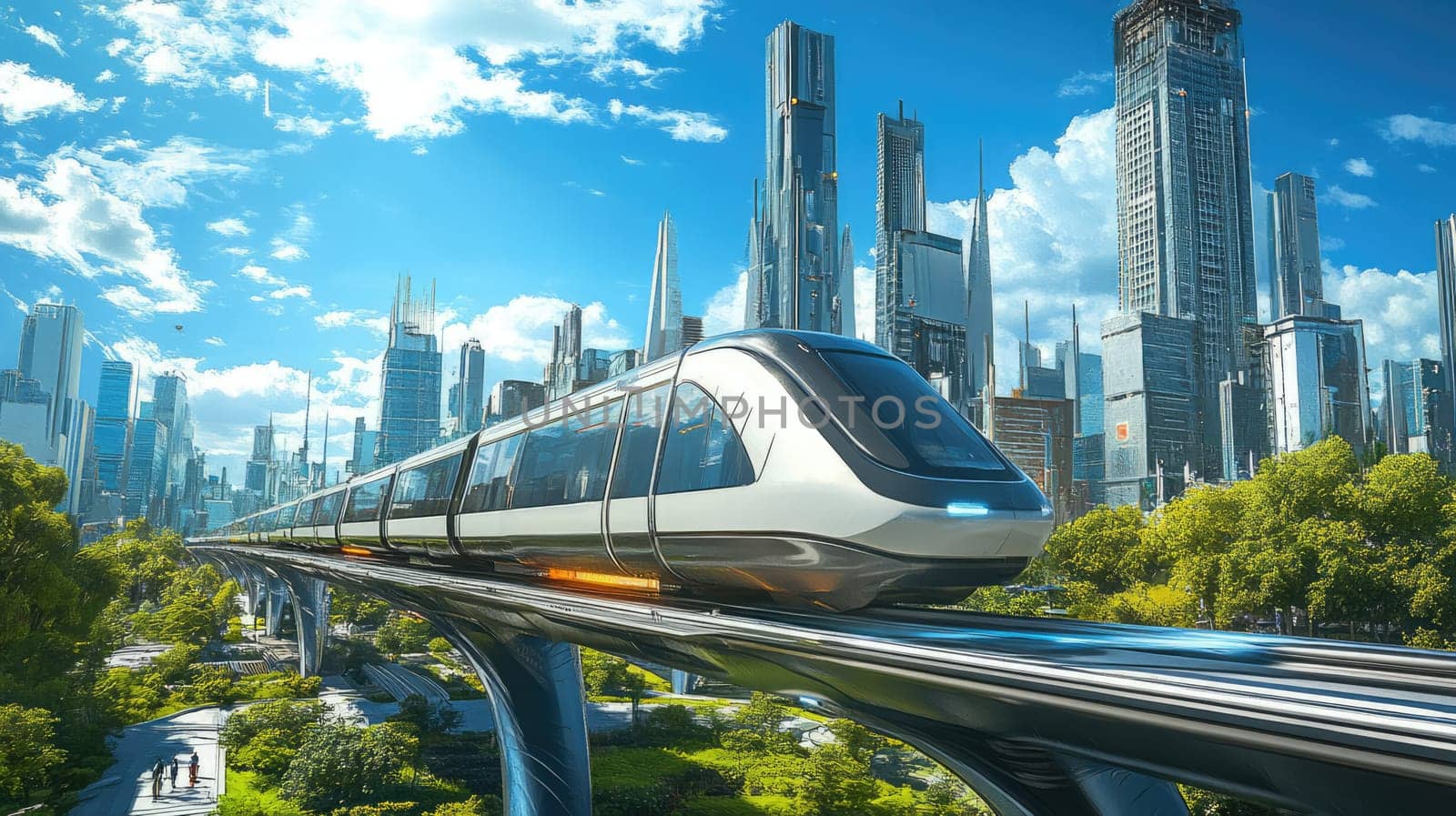 Futuristic express train riding on the rail track. City of future urban technology concept.