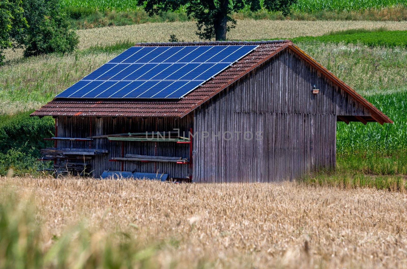Green energy with solar collectors on the roof of an agricultural building