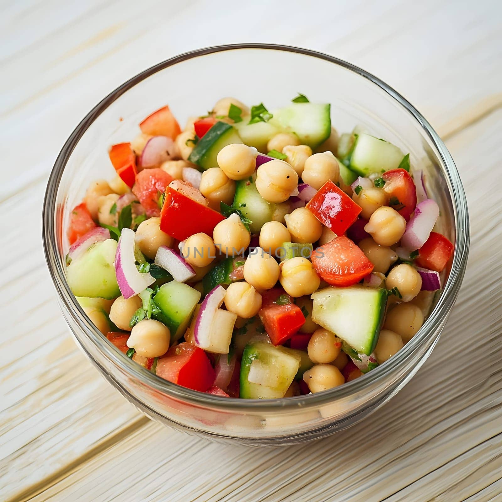 Healthy Vegetarian Chickpea salad meal with cucumber and tomatoes