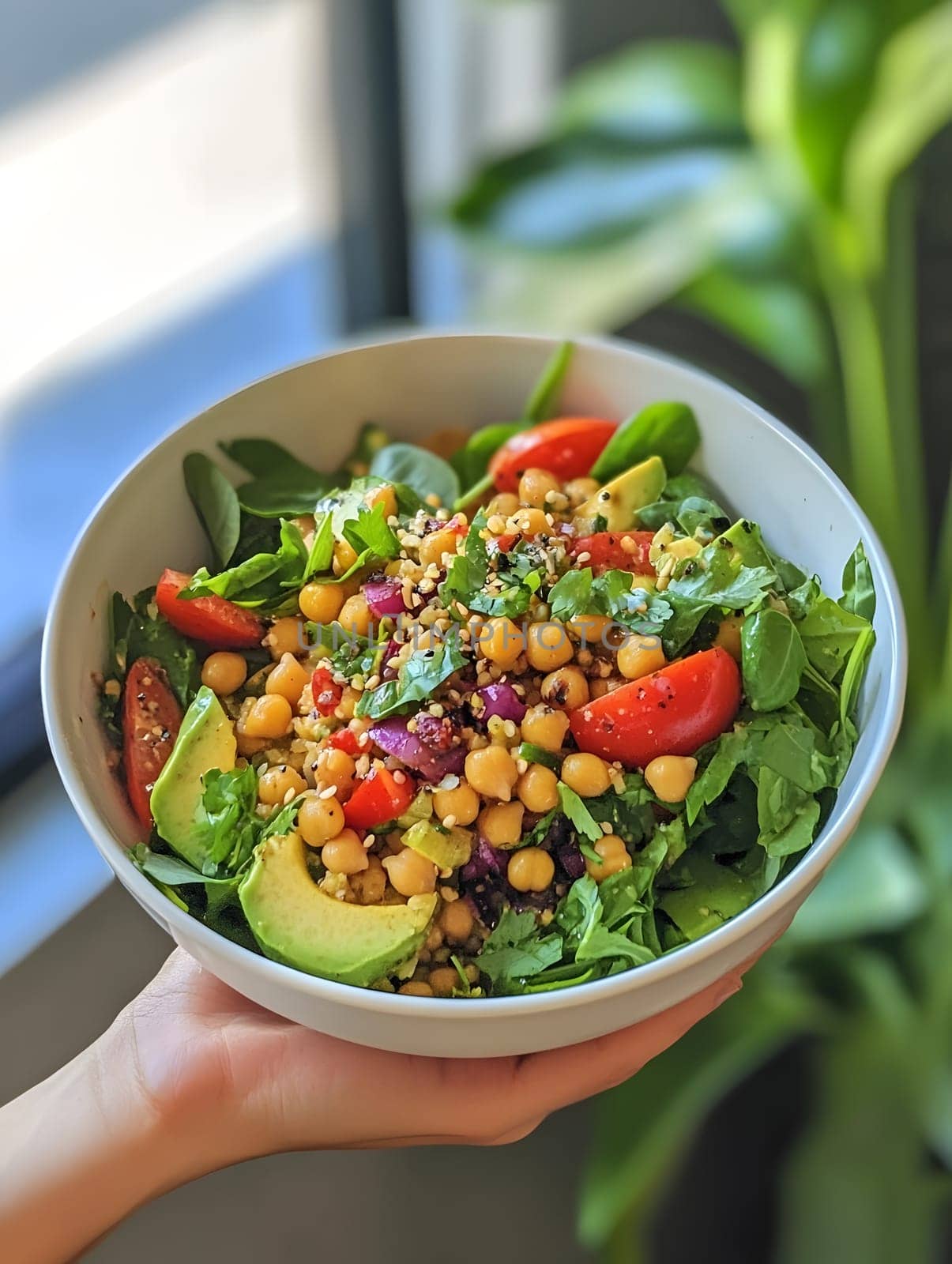 Healthy Vegetarian Chickpea salad meal with cucumber and tomatoes