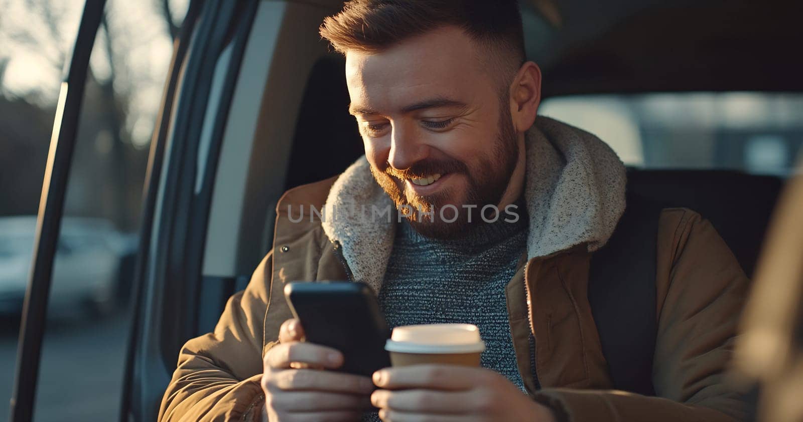 A man with a beard smiles while sitting in a vehicle, holding a coffee cup and looking at his phone, enjoying the moment during sunset.