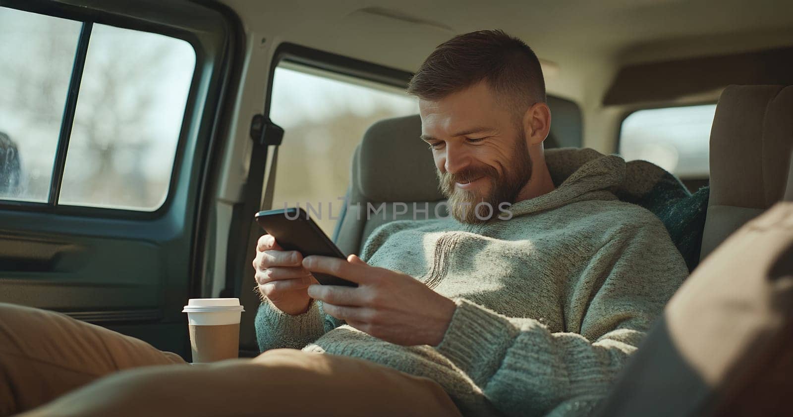 A man with a beard sits comfortably in a vehicle, using his smartphone while enjoying a cup of coffee during a bright day.