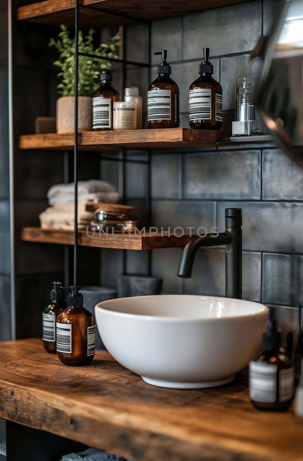A sleek bathroom features a large white basin, wooden shelves filled with toiletries, and potted plants creating a relaxing atmosphere.