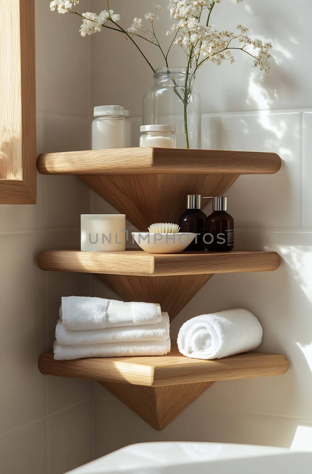 A neatly arranged wooden shelf displays towels, skincare products, and decor accents in a bright bathroom setting.