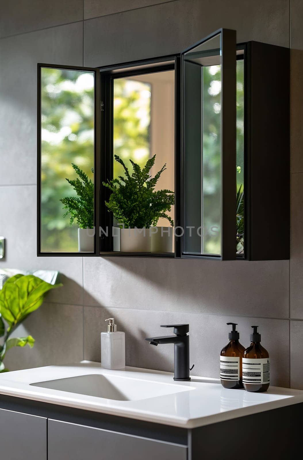 A contemporary bathroom features a sleek sink, black faucet, and a mirrored cabinet with lush green plants creating a refreshing atmosphere.