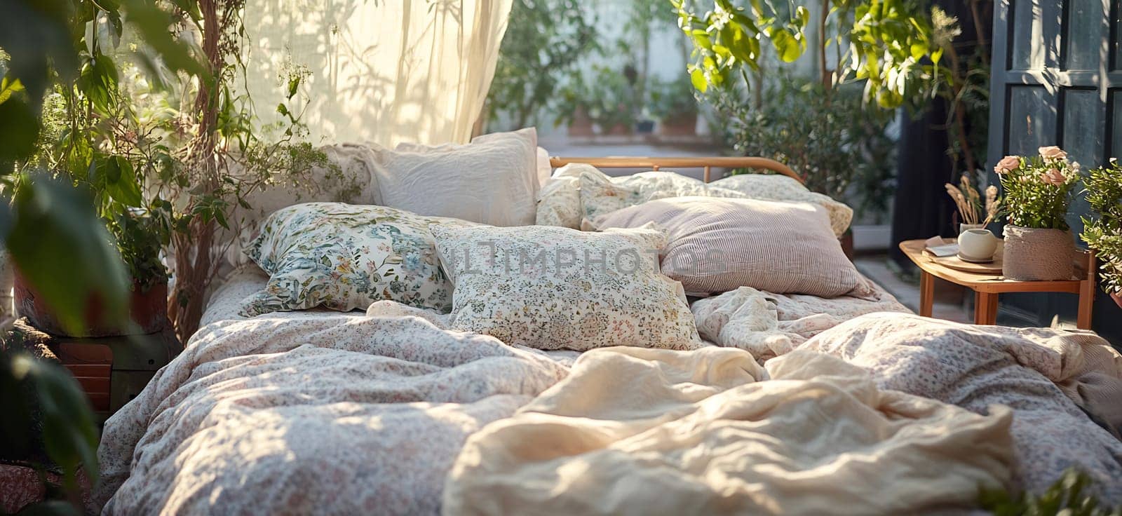 Soft bedding and cushions create a tranquil space adorned with greenery and warm sunlight, inviting relaxation and comfort.