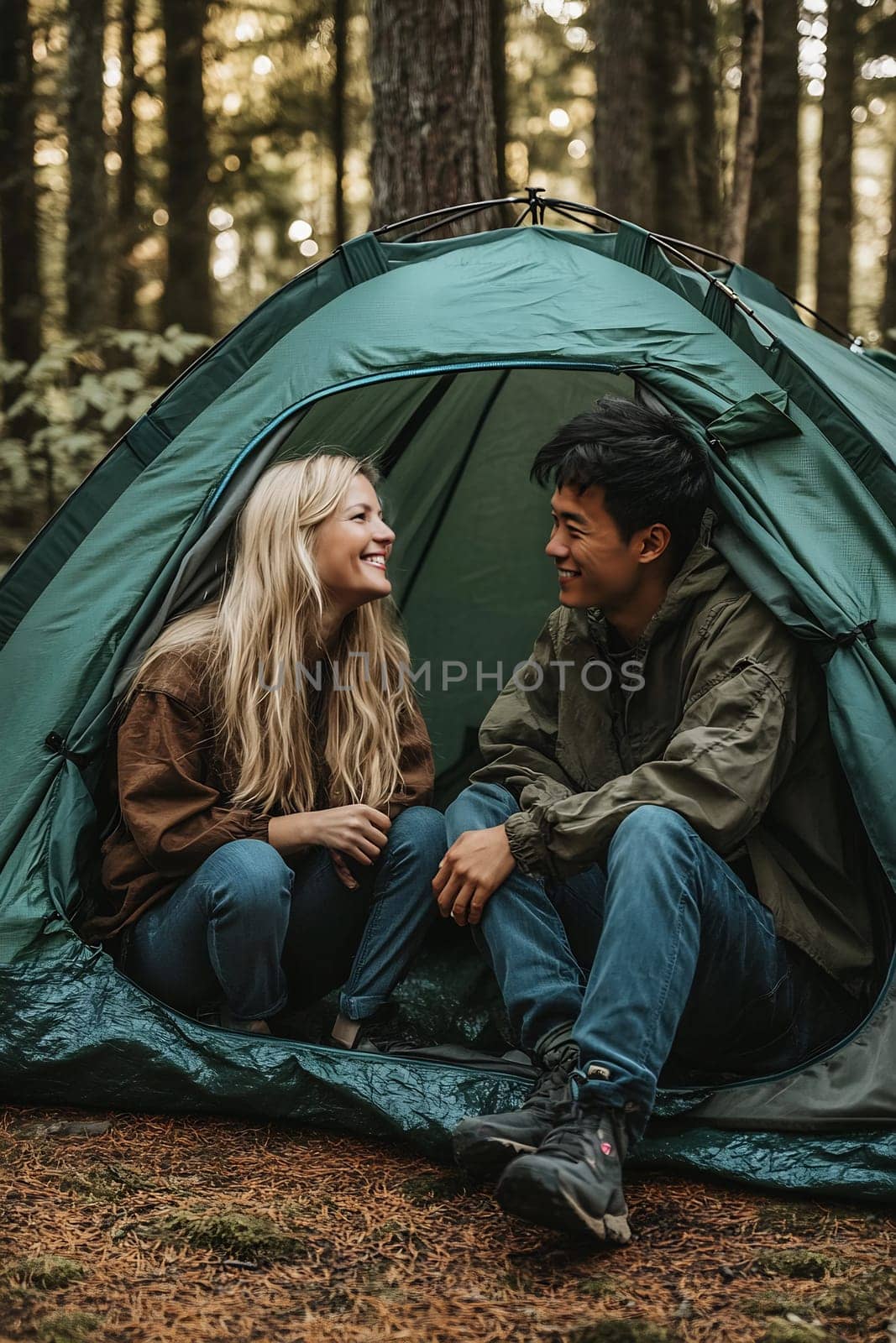 Two individuals smile at each other inside a green tent in a forest, enjoying their camping adventure together in nature.