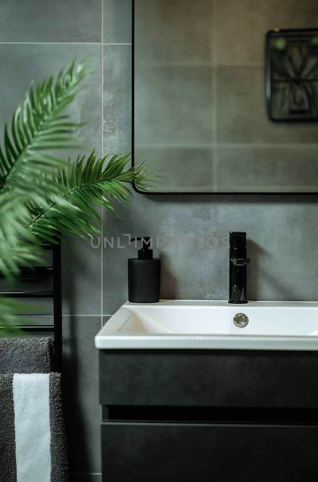 A contemporary bathroom features a sleek sink, elegant faucet, and a lush green plant. Soft lighting enhances the serene atmosphere.