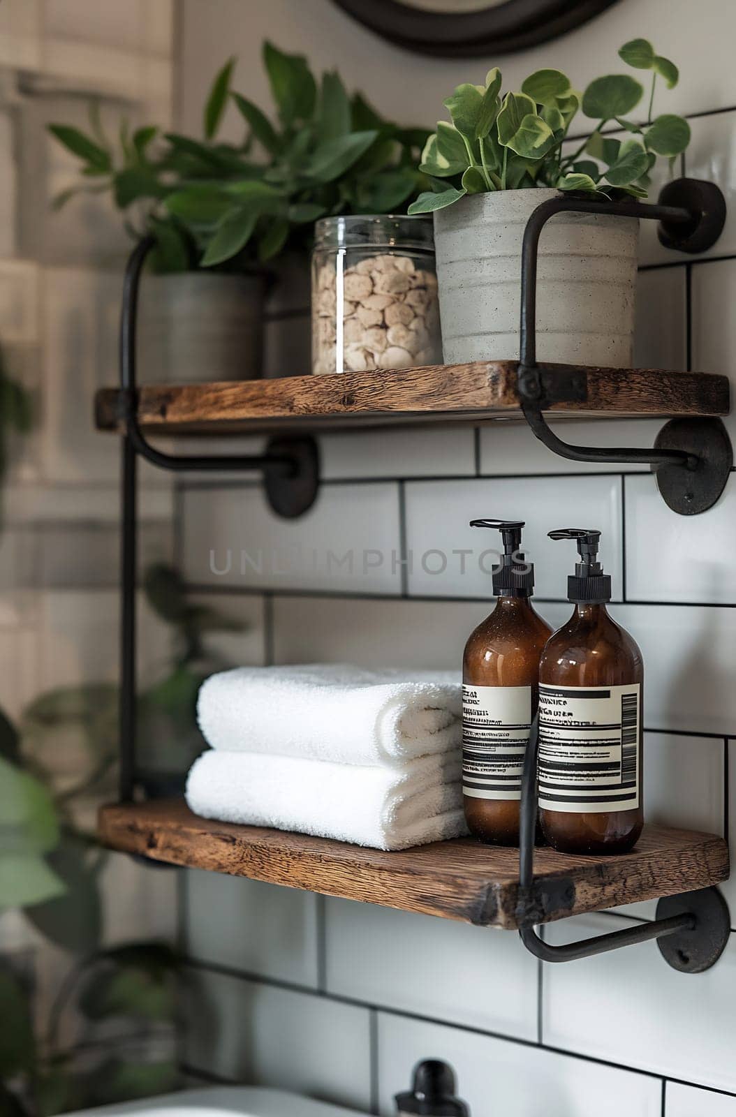 Decorative wooden shelves display towels, plants, and storage jars in a modern bathroom setting, enhancing the stylish decor feel.