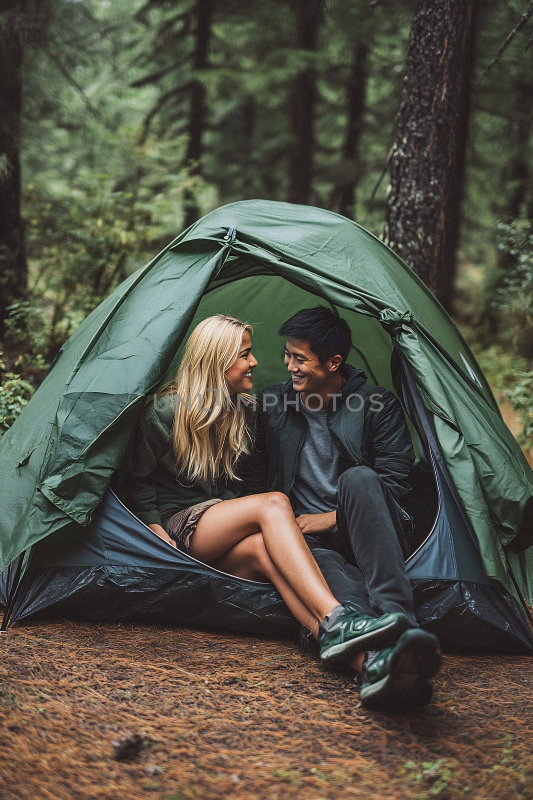 A couple enjoys each other's company inside a green camping tent, surrounded by lush forest greenery on a sunny day.