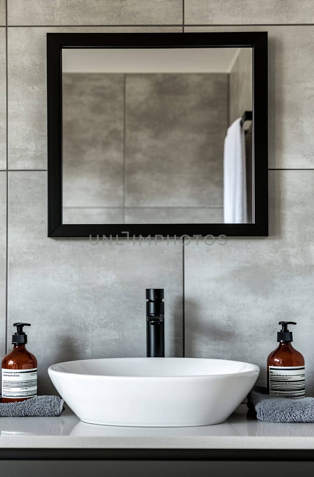 Stylish bathroom features a white basin, black faucet, textured tiles, and elegant accessories, creating a contemporary feel.