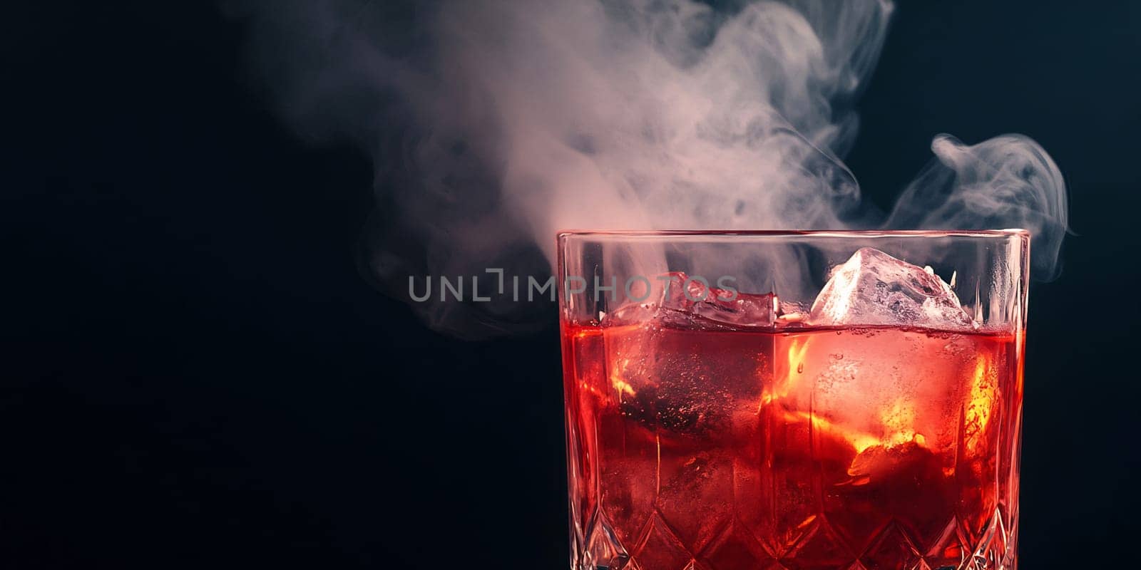 A vibrant cocktail fills a glass with ice cubes, while wisps of smoke rise, creating an intriguing visual effect in a dim setting.