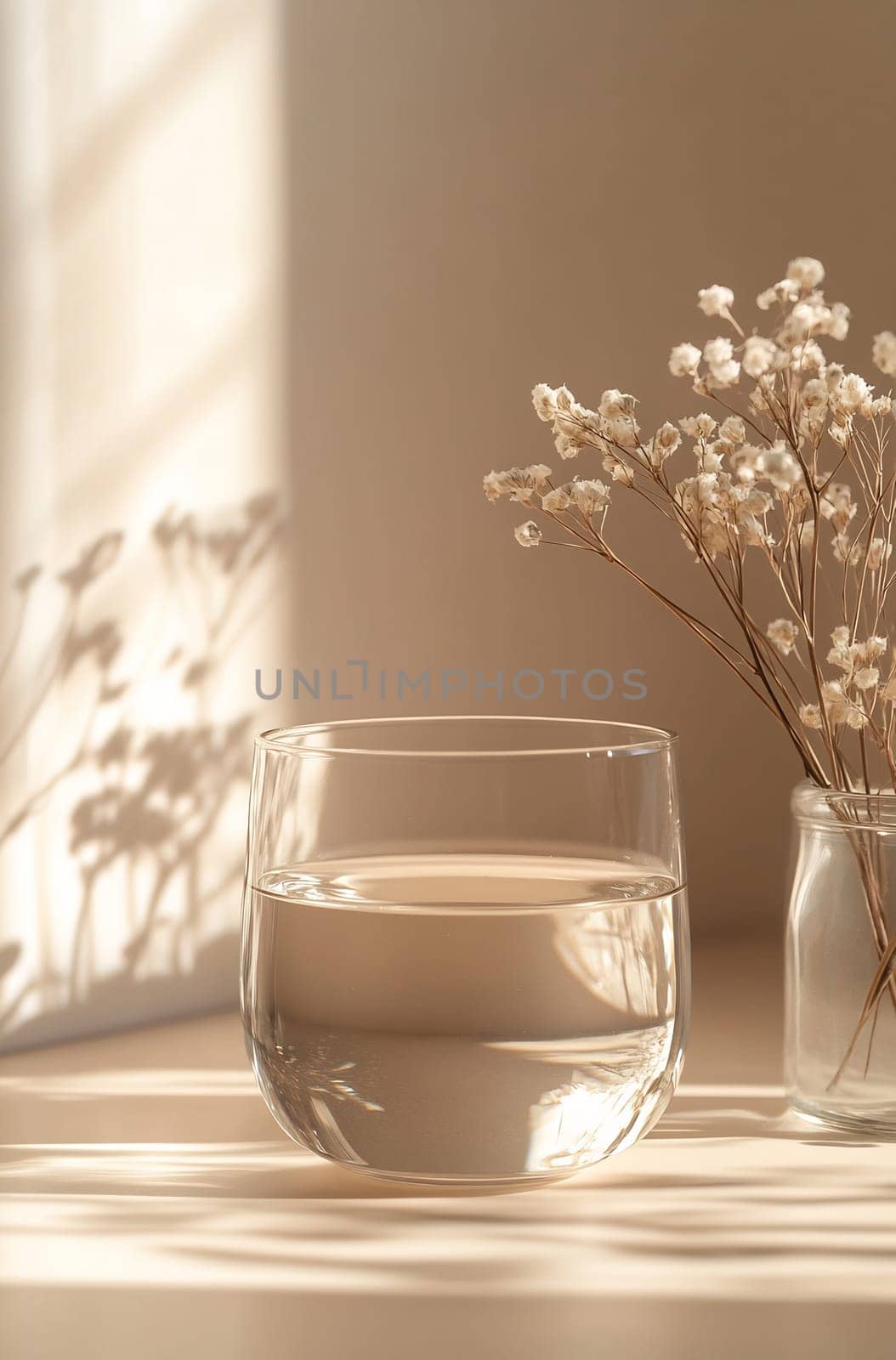 A glass filled with clear water sits on a table beside dried flowers, with soft sunlight casting gentle shadows.