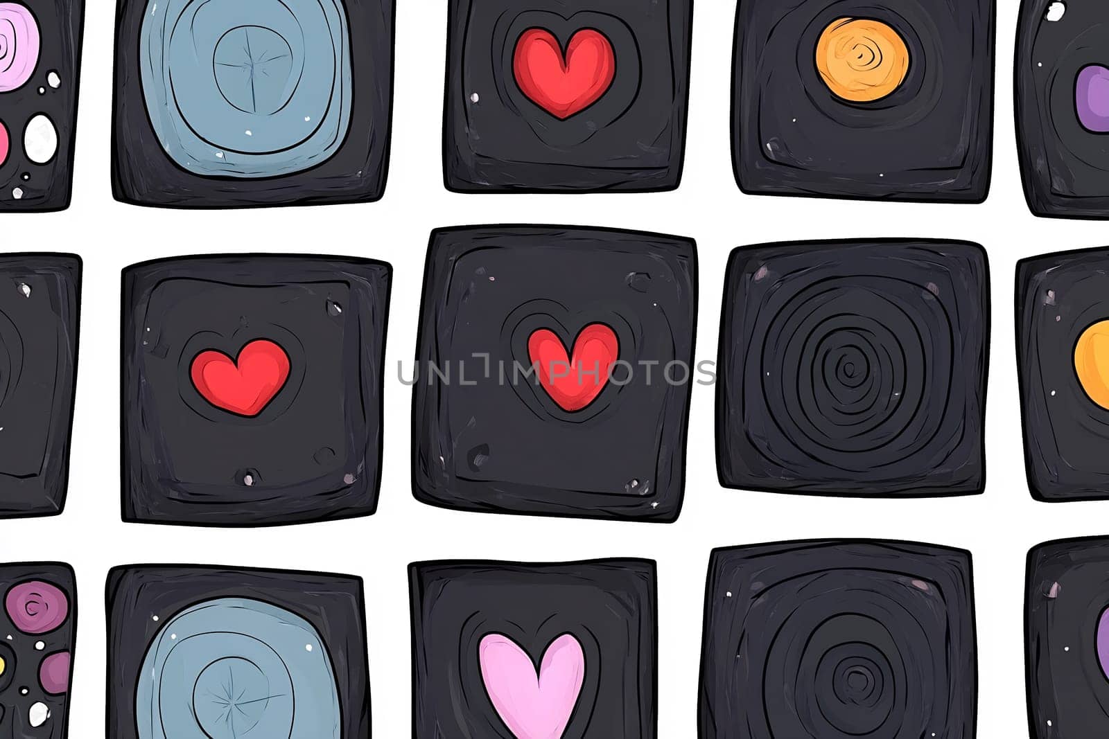 This design features a series of colorful hearts and circles on a black background, creating a playful and vibrant aesthetic.