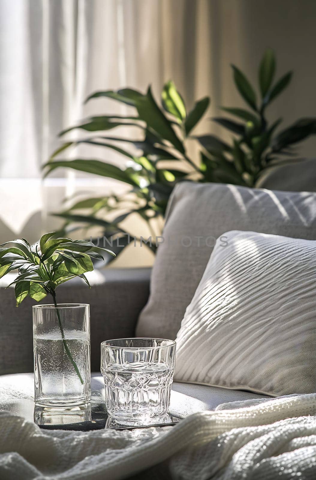 Relaxing indoor space features a light sofa with drinks and vibrant green plants, creating a serene atmosphere during the day.