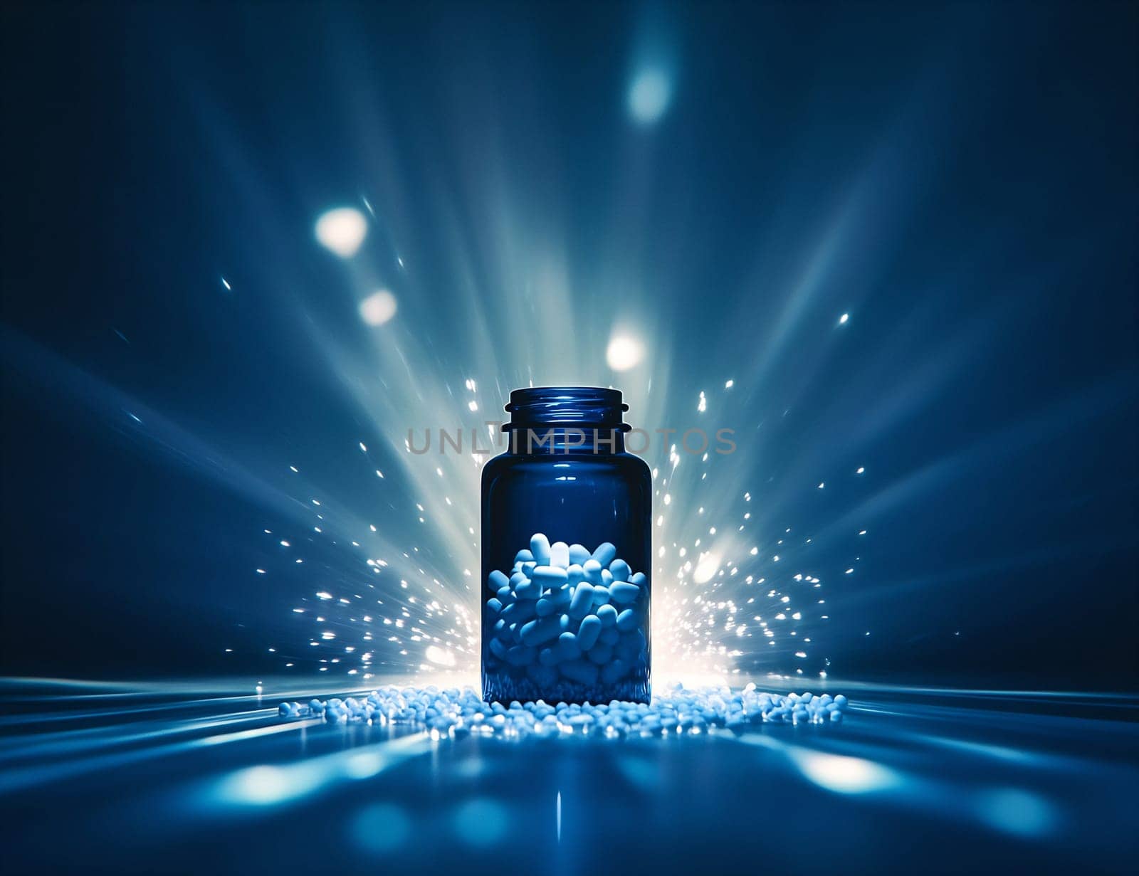 A dark setting features a bottle filled with white pills, illuminated by bright blue light and sparkling effects for a dramatic look.