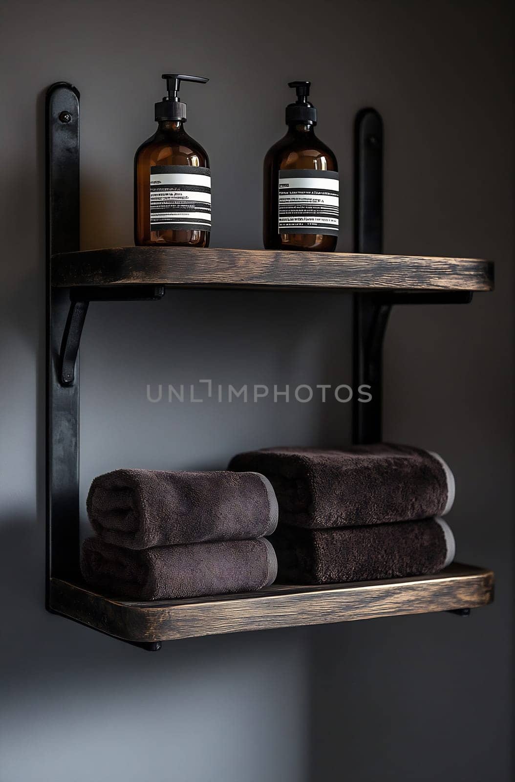 A wooden shelf mounted on a dark wall displays neatly stacked towels and elegant bottles, creating a modern bathroom ambiance.
