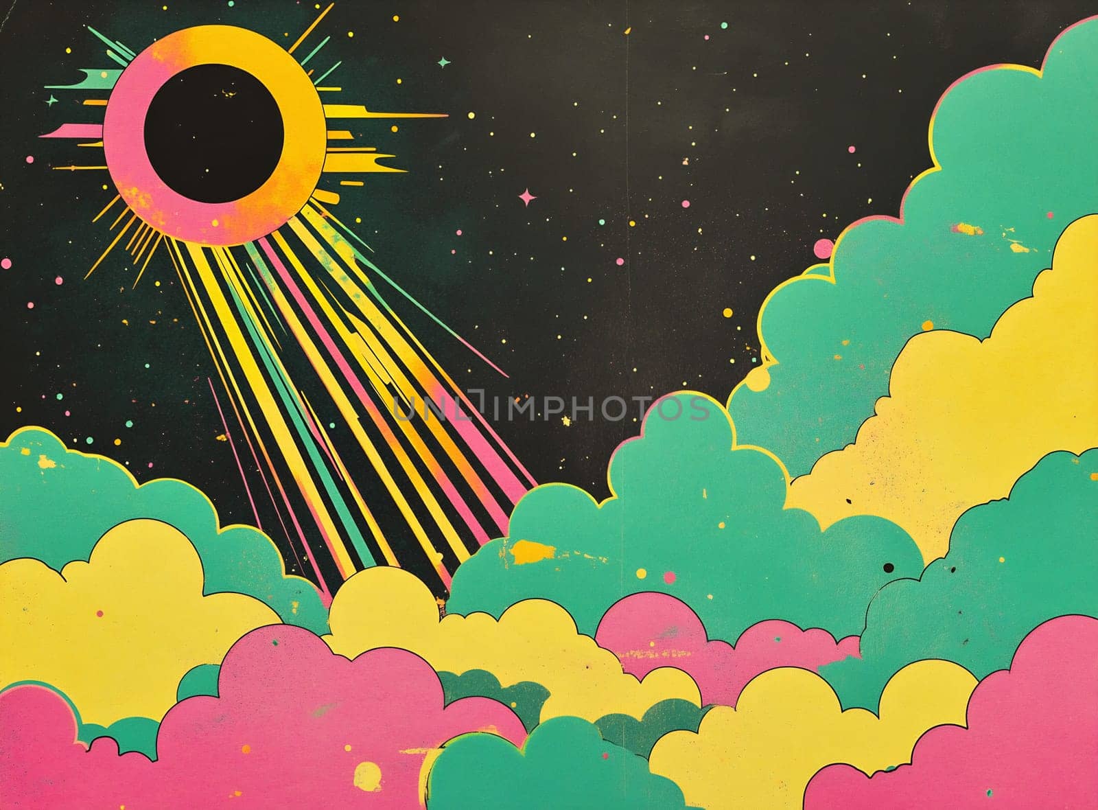 Bright rays emanate from a stylized sun in a vibrant cosmic setting filled with colorful clouds and starry background.