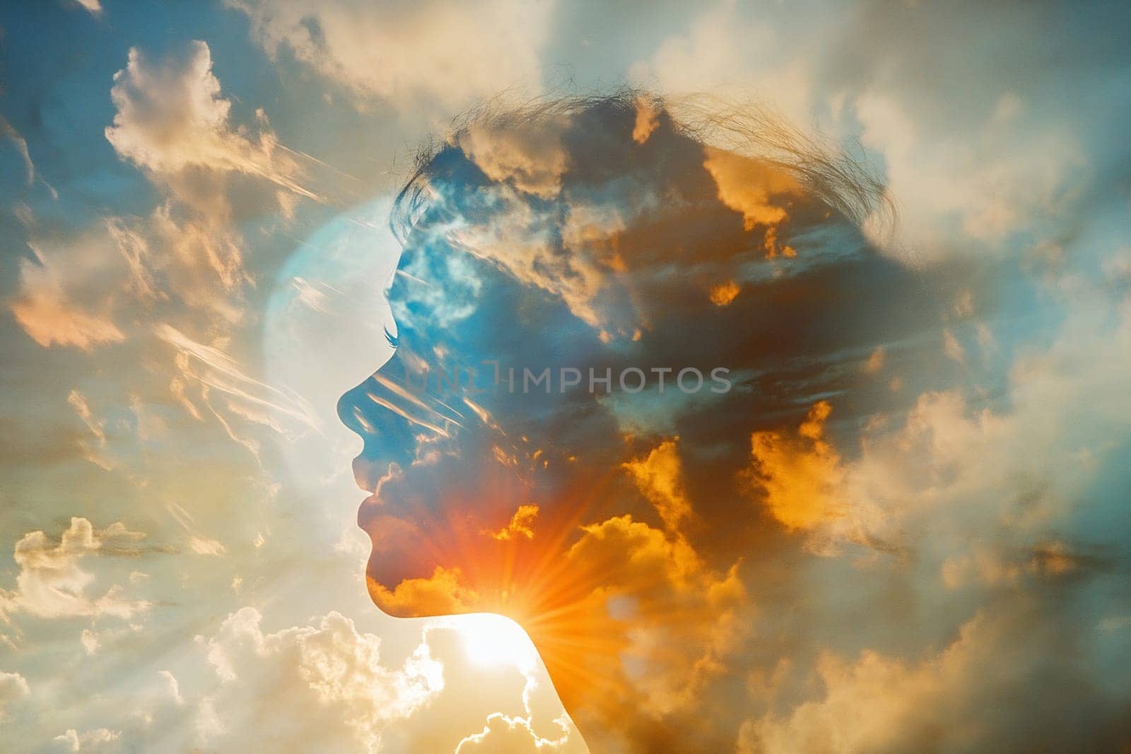 A woman's silhouette blends with vibrant clouds and sunlight, creating a surreal atmosphere during sunset or sunrise.