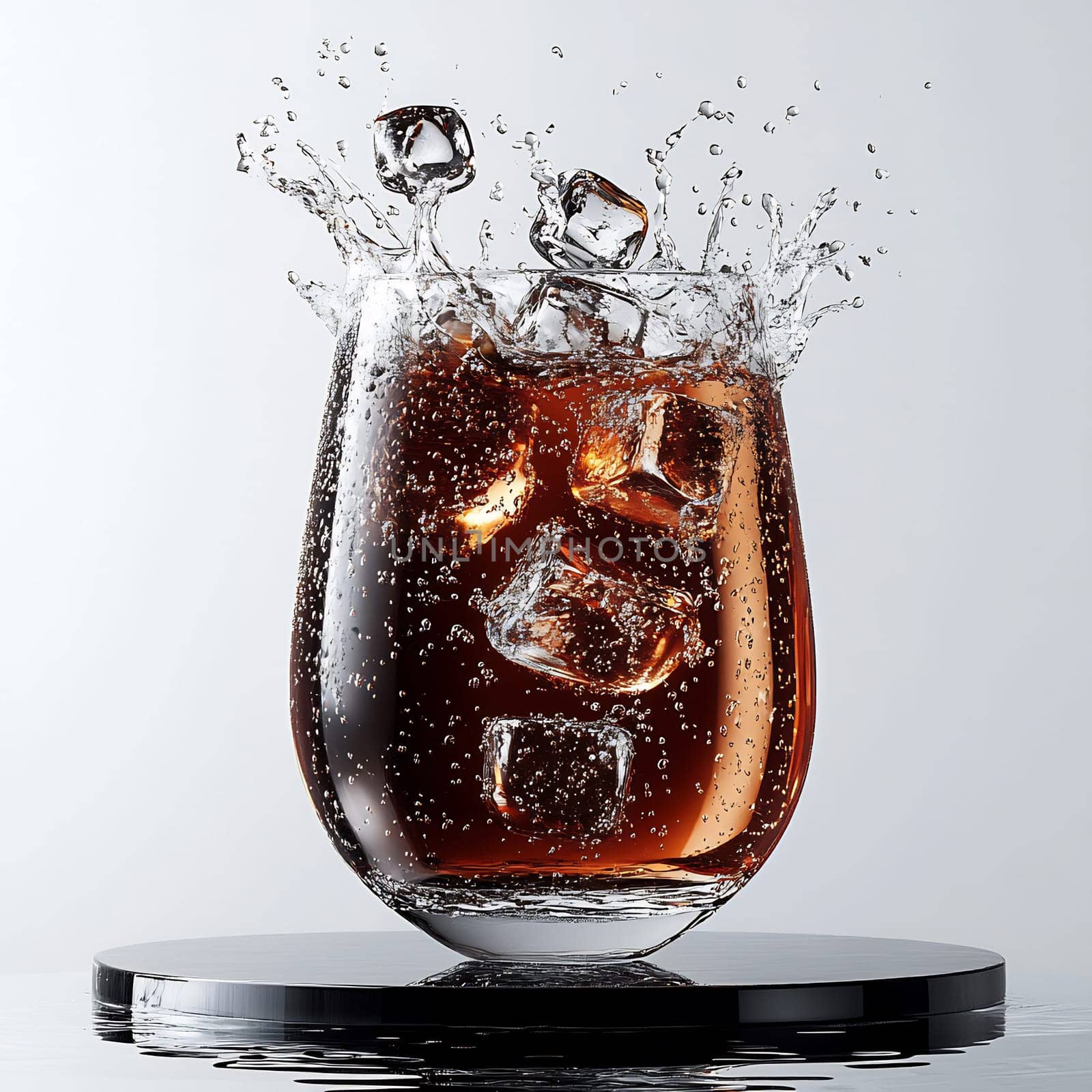 A glass filled with a fizzy beverage and ice cubes is splashing, capturing the essence of a refreshing drink on a clear surface.