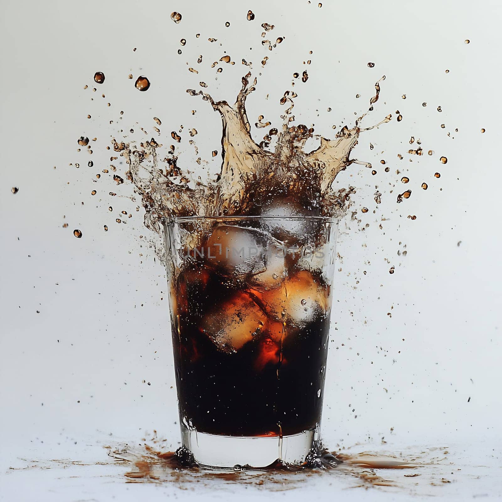A glass filled with a dark beverage splashes visually as ice cubes collide, creating a dynamic and refreshing effect.