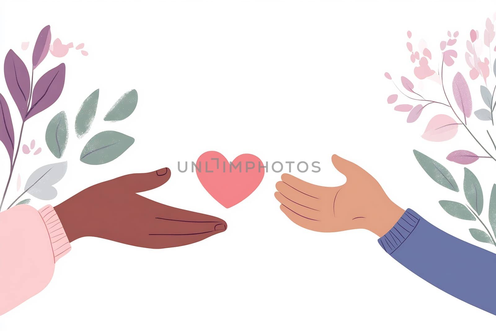 Two diverse hands reach out toward a pink heart, surrounded by leaves and flowers, symbolizing connection and love.