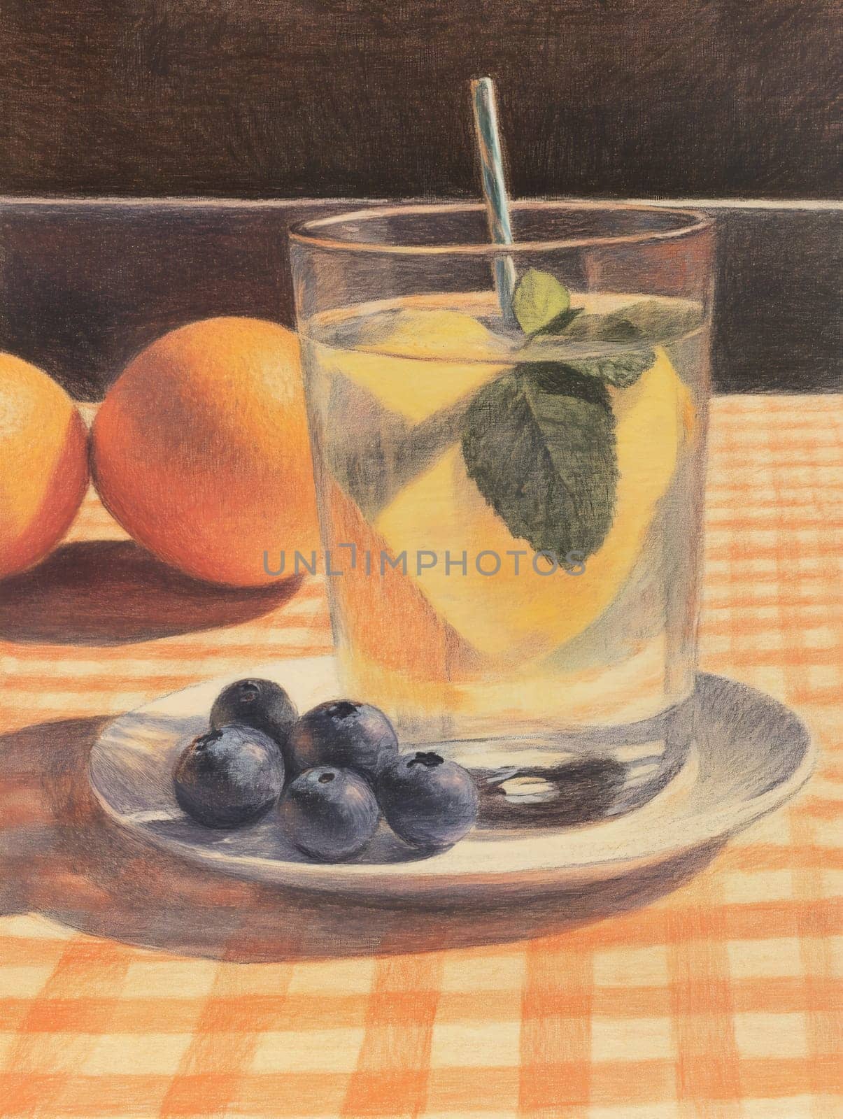A glass of lemon mint beverage is served with blueberries on a plate, surrounded by oranges on a checkered tablecloth.