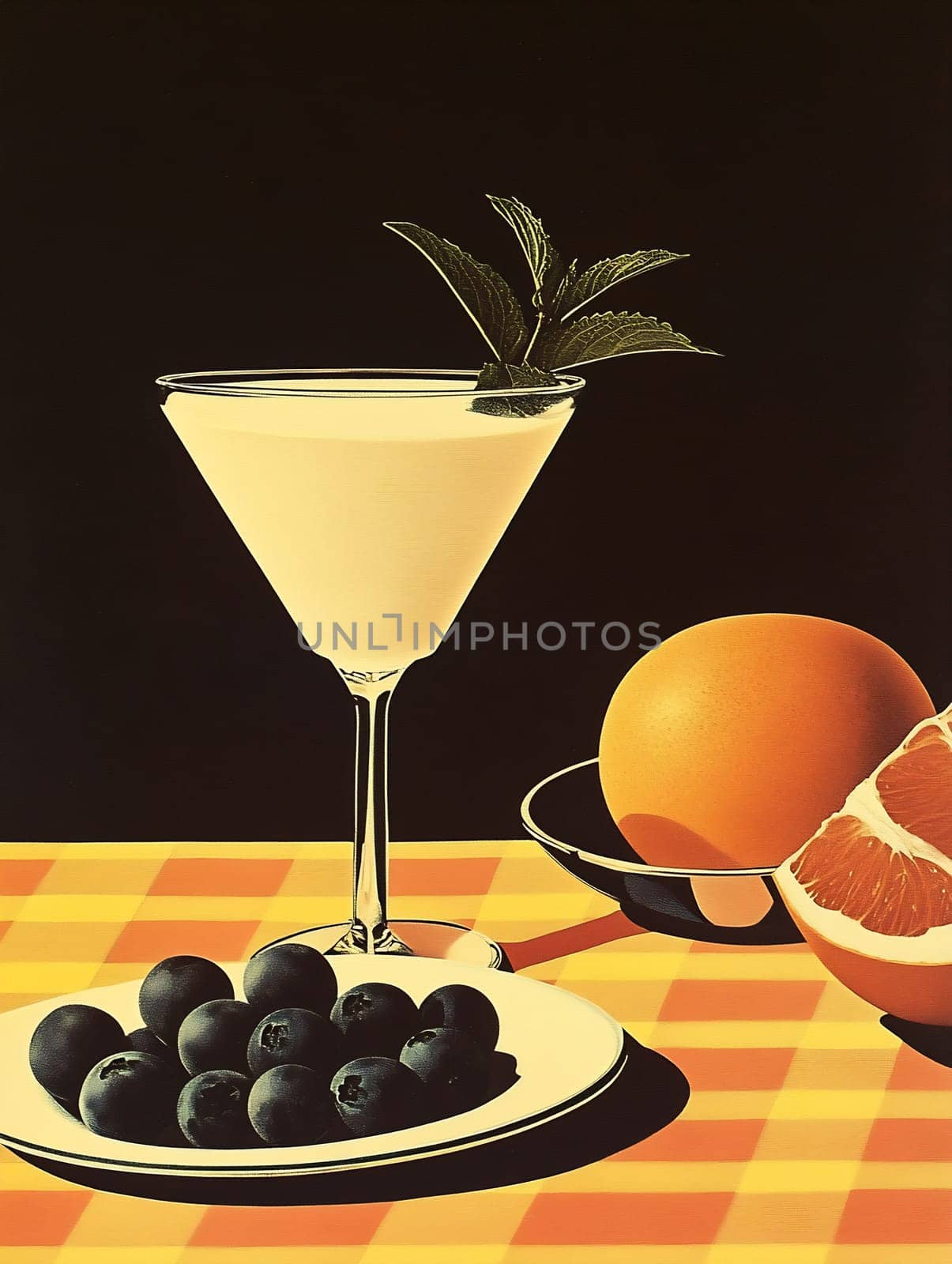 A cocktail glass filled with a light drink garnished with mint sits on a checkered table, accompanied by fresh blueberries and orange slices.