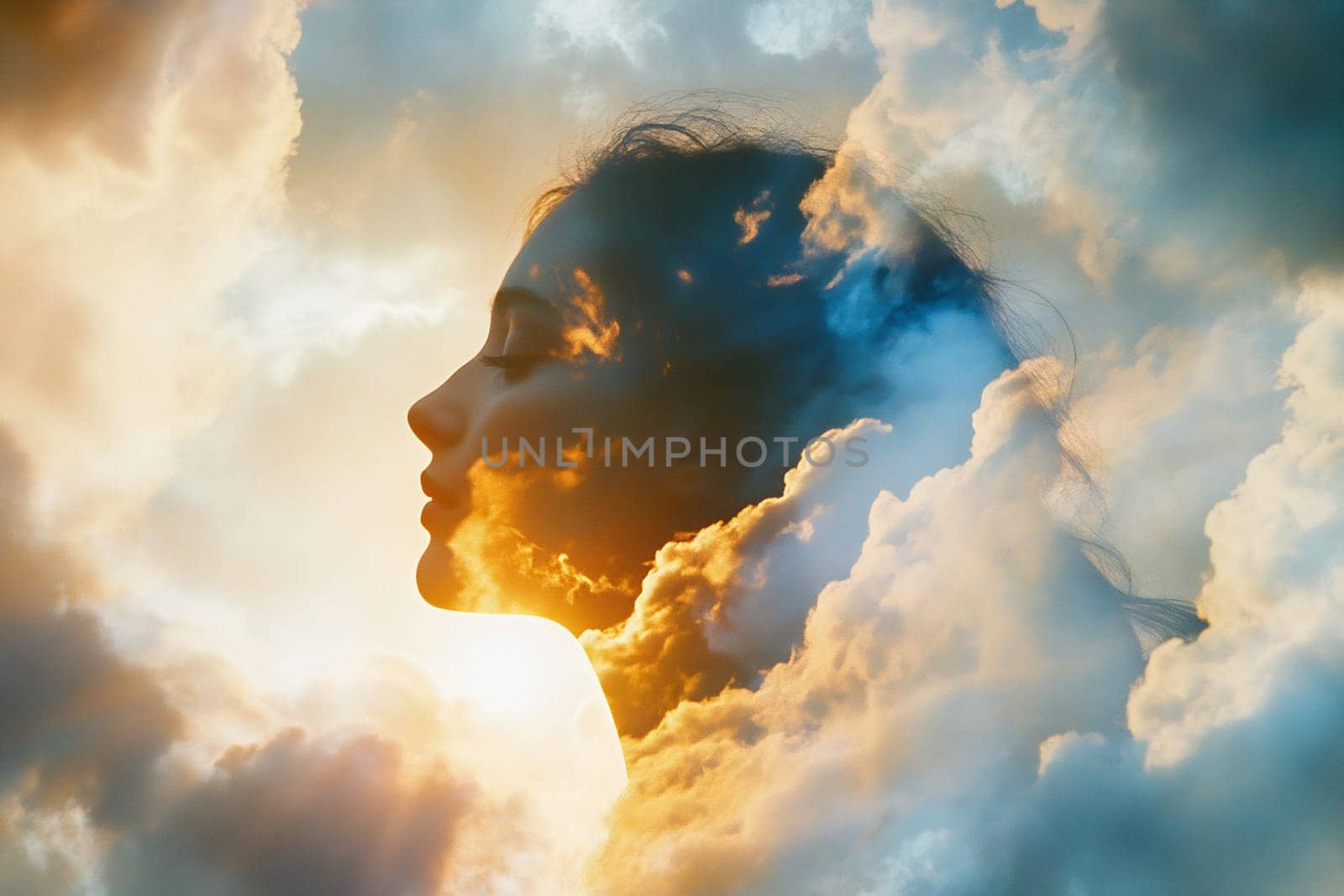 A woman's profile appears amidst swirling clouds at sunset, creating a contemplative and serene atmosphere filled with soft colors.