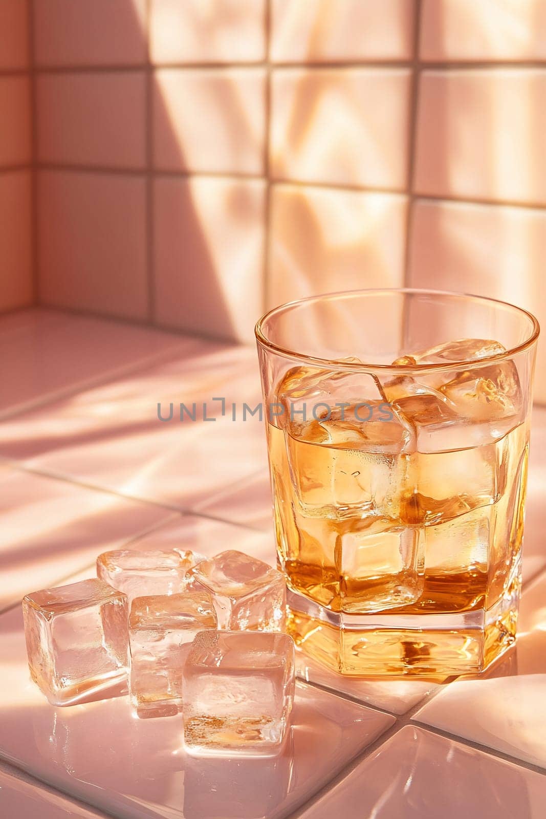A glass filled with a golden beverage sits next to ice cubes on a light pink surface with warm sunlight casting soft shadows.