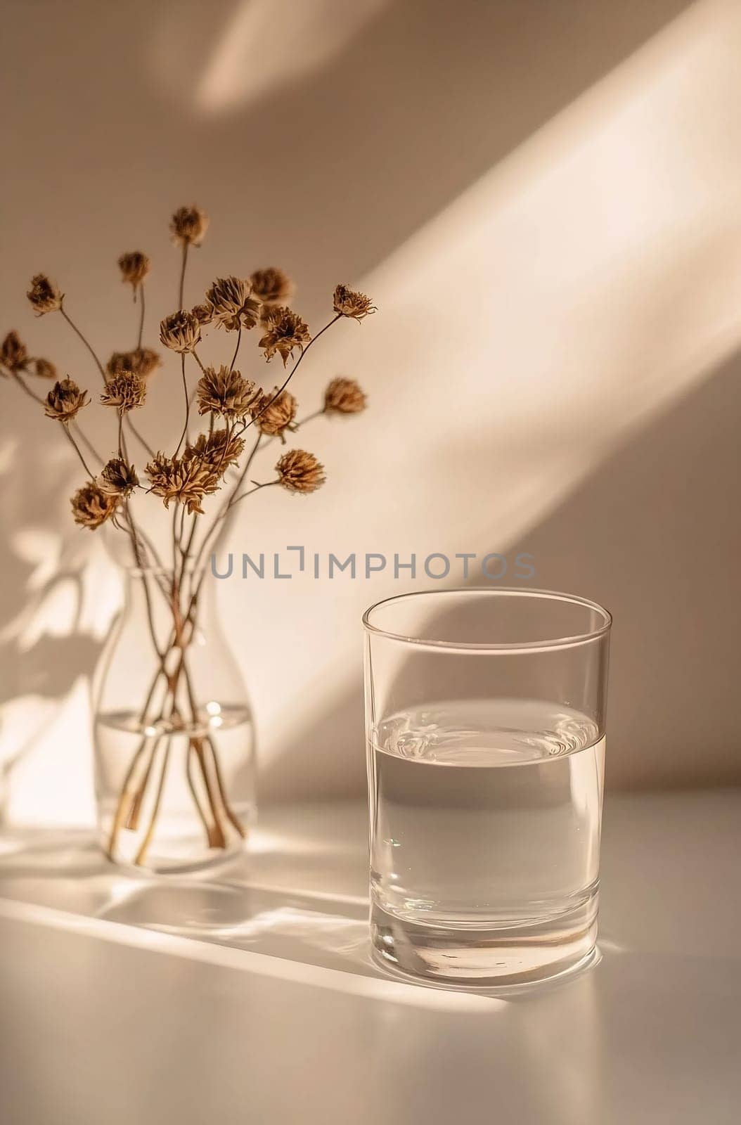 A glass of water rests beside a vase of dried flowers, illuminated by soft sunlight casting gentle shadows on a surface.