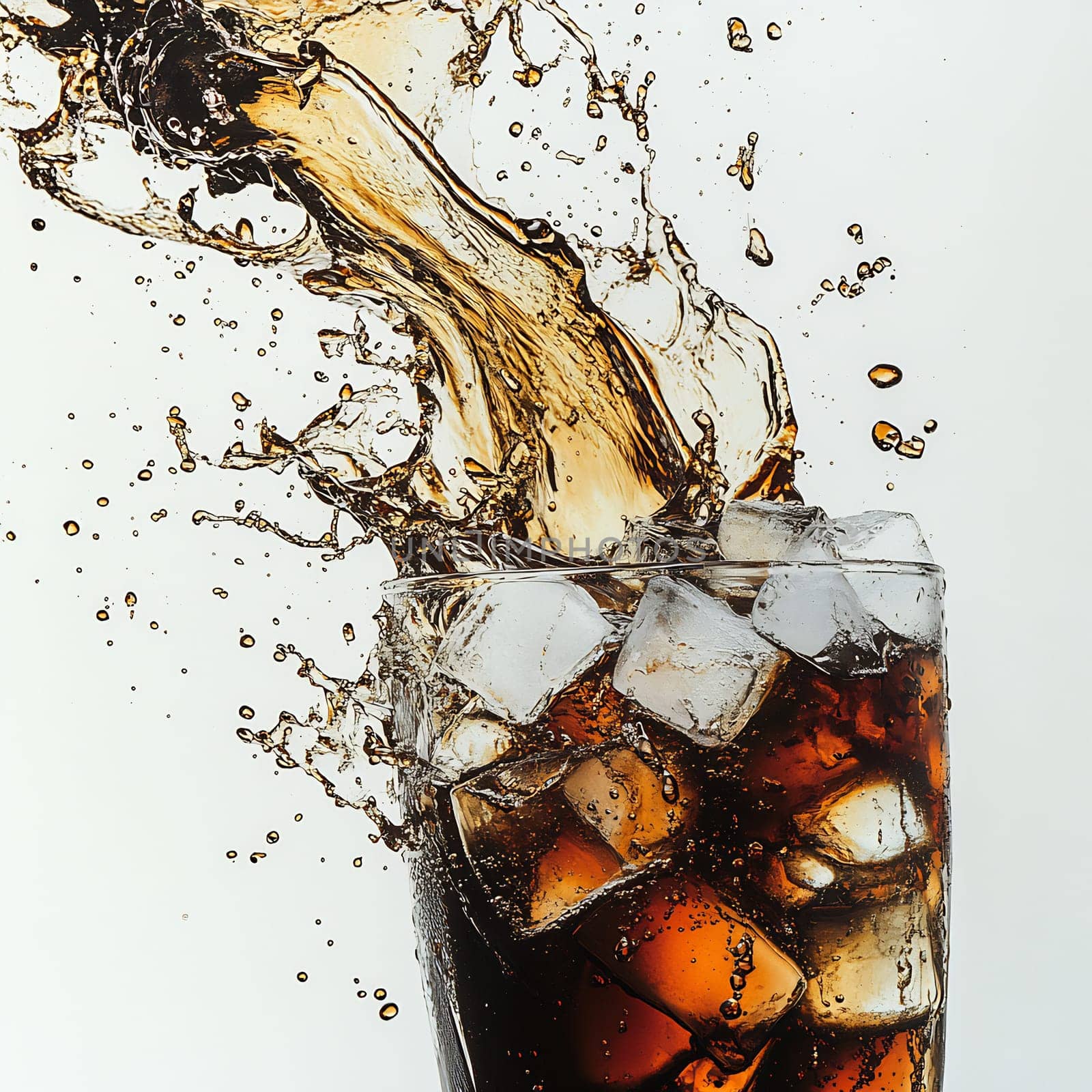 Dark soda splashes dramatically from a glass filled with ice, showcasing a lively drink in motion, evoking a sense of refreshment.