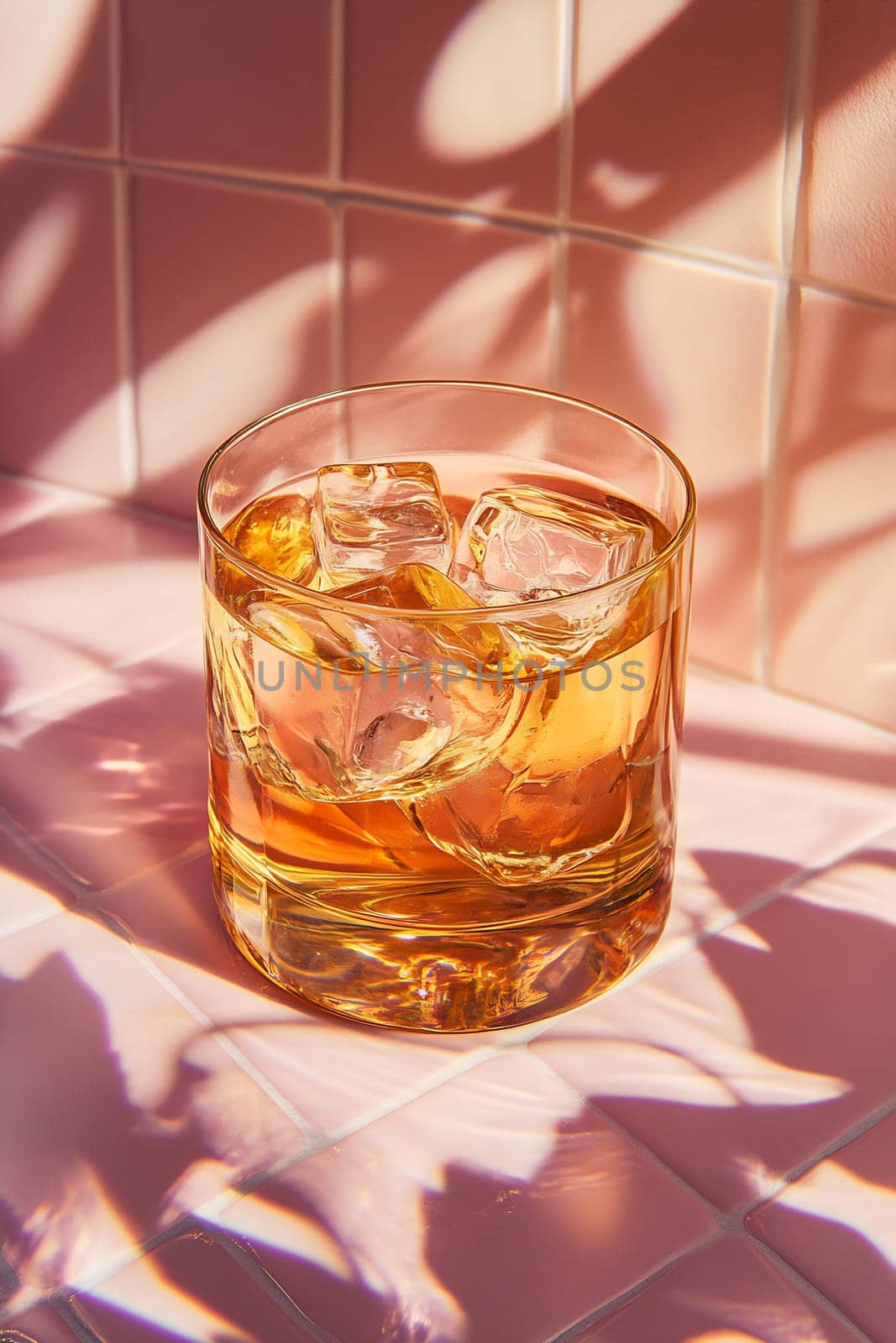A glass filled with whiskey and ice cubes rests on textured pink tiles, casting beautiful shadows in soft light.