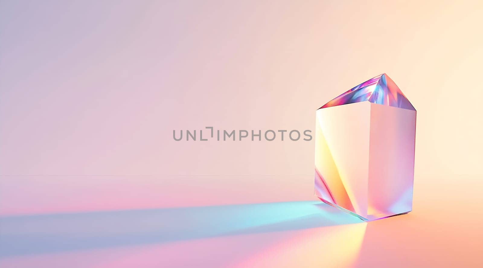 A geometric crystal stands on a smooth surface, casting vibrant reflections and shadows in soft pastel hues against a gentle backdrop.