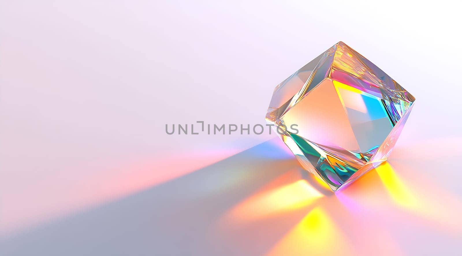 A crystal cube refracting light, creating vibrant colors on a smooth surface. The light creates a captivating array of hues.