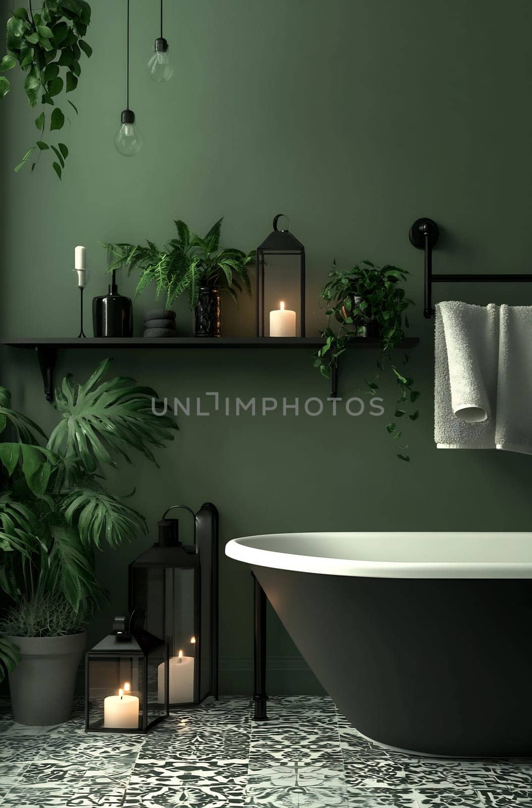 A tranquil bathroom features a black tub surrounded by plants and candles, set against a rich green wall and patterned floor tiles.