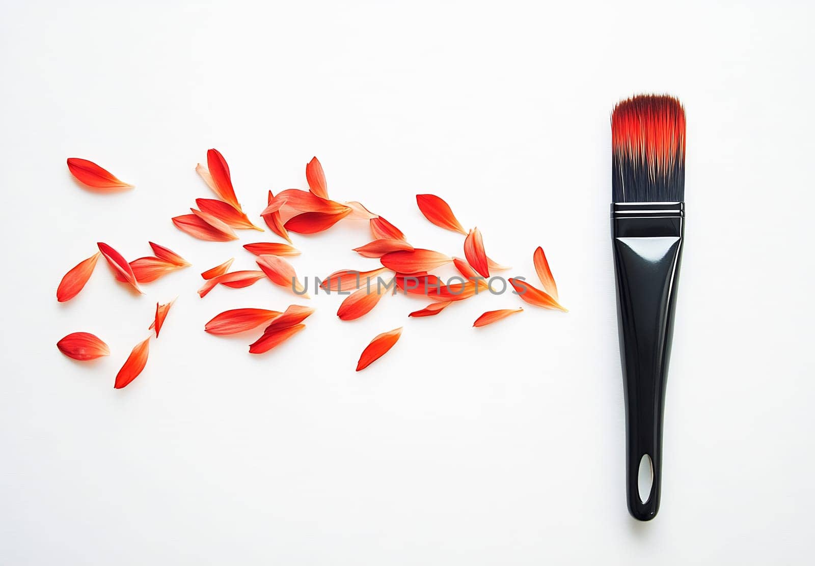 A black brush rests next to scattered red flower petals, showcasing an artistic blend of nature and creativity on a clean surface.