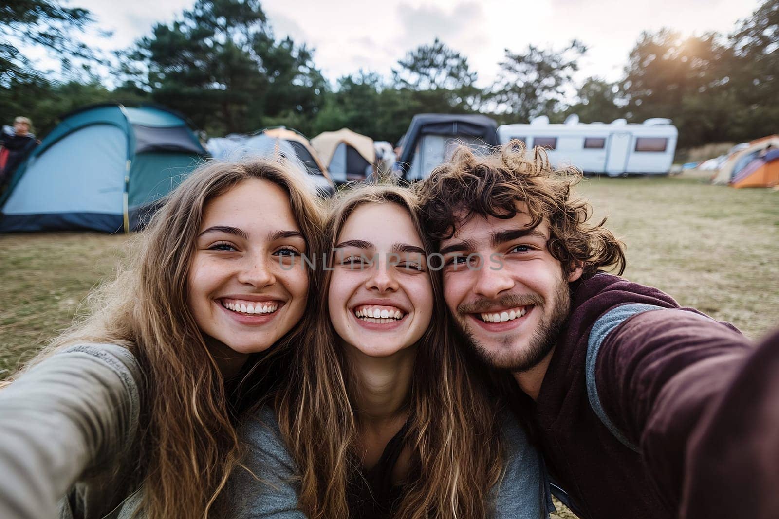 Three friends smile and pose for a selfie at a campsite surrounded by tents under a beautiful sunset sky.