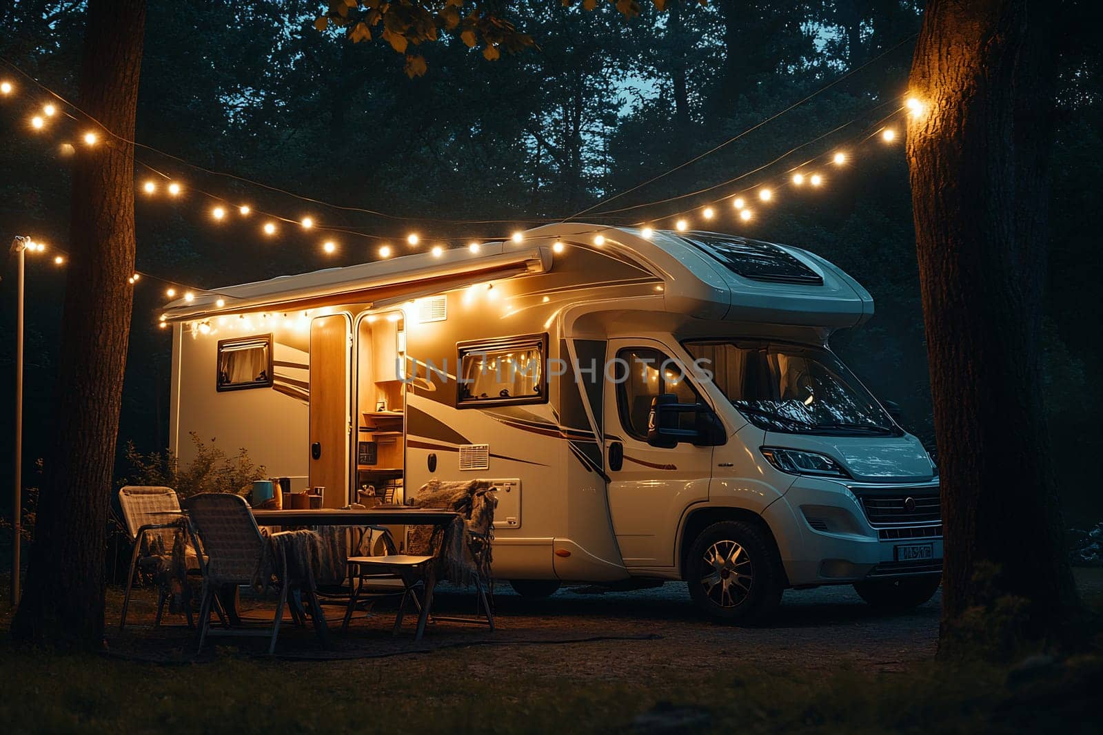 A recreational vehicle is parked in a forested area, illuminated by string lights, creating a warm and inviting atmosphere for outdoor relaxation.