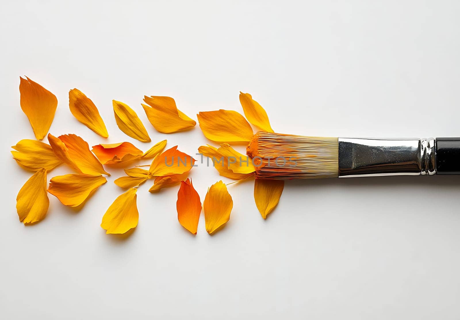 A paintbrush rests next to scattered yellow and orange petals, showcasing a blend of nature and artistry on a clean surface.